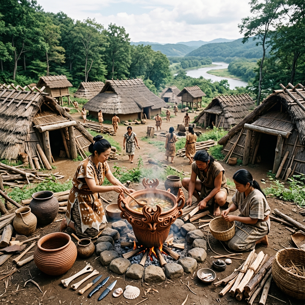 Ancient village community cooking over open fire surrounded by pottery and wooden tools